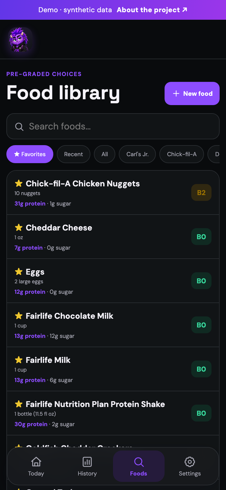 Searchable food library